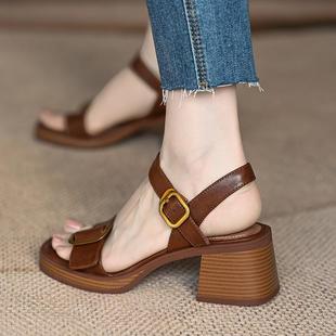 Mr. M High Heels Women's New French Open-Toe Rear Open-Toe Buckle Belt Thick Heel Leather Brown Platform Sandals