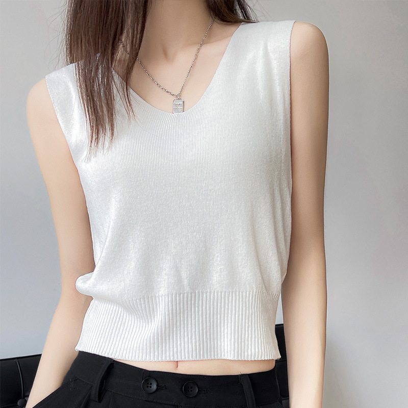 Daifa chicken heart low V-neck ice silk wide shoulder camisole sweater top pullover spring, summer and autumn bottoming shirt for women