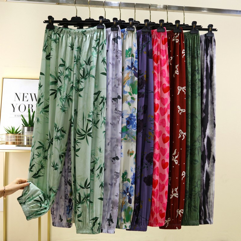 Cotton Silk Home Pants for Women, Summer Artificial Cotton Slim Casual Pants, Loose Plus-Size Thin Mosquito-Proof Air Conditioning Long Pants Sleepwear
