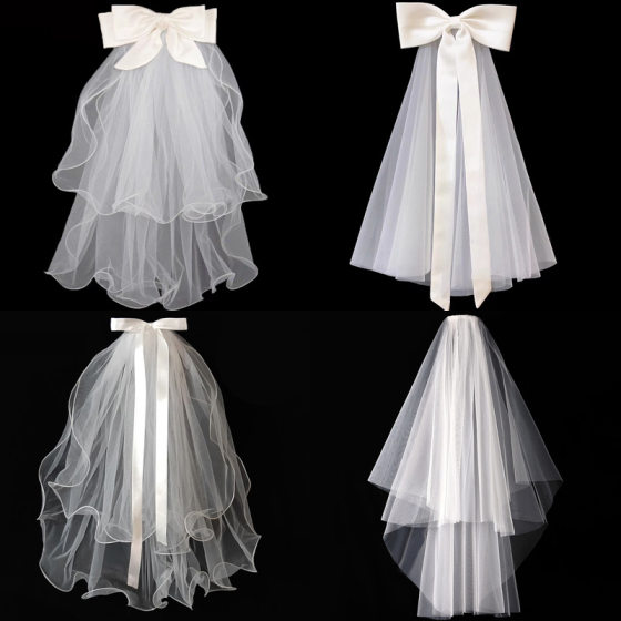 Internet-famous bowknot veil for adults and children wedding dress wedding certificate double-layer short pearl white veil