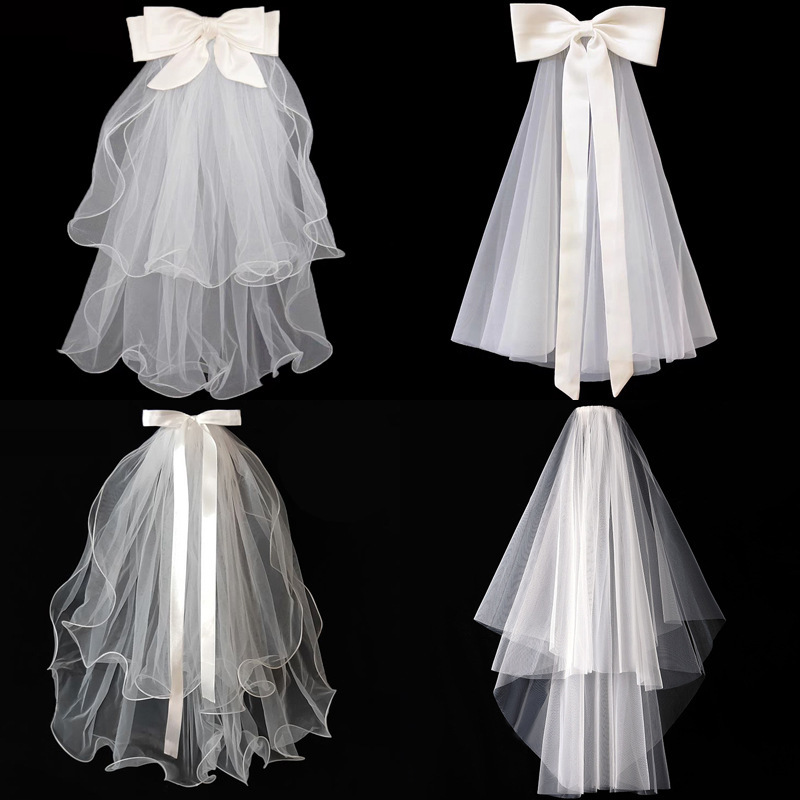 Internet celebrity bow veil adult children's wedding wedding wedding license double-layer short pearl white veil Internet celebrity bow veil adult children's wedding wedding wedding license double-layer short pearl white veil