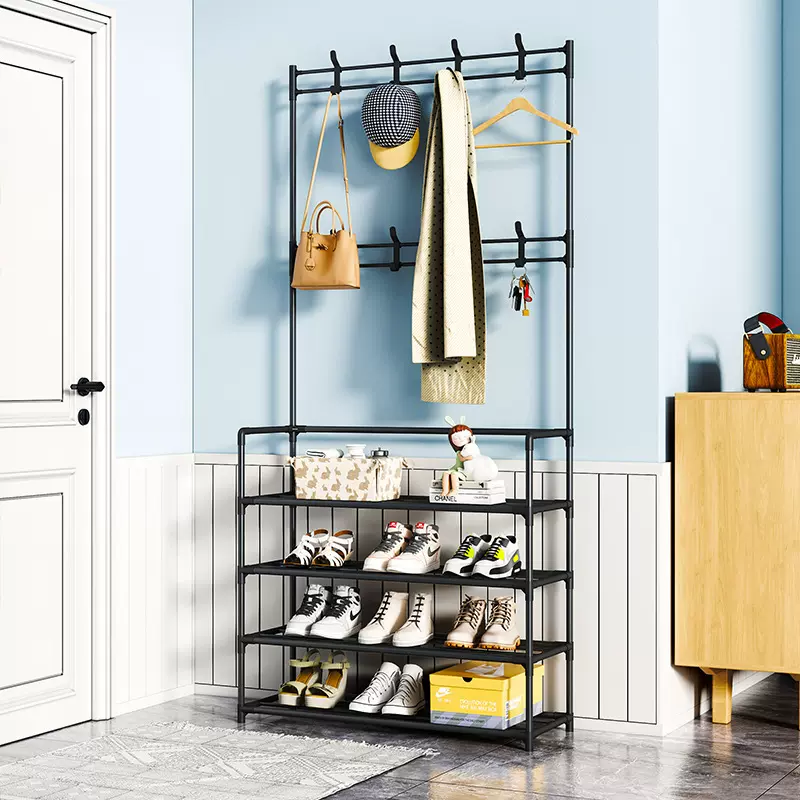 鞋帽架落地一体式鞋架子多层家用门口防尘鞋架宿舍简易置物挂包架