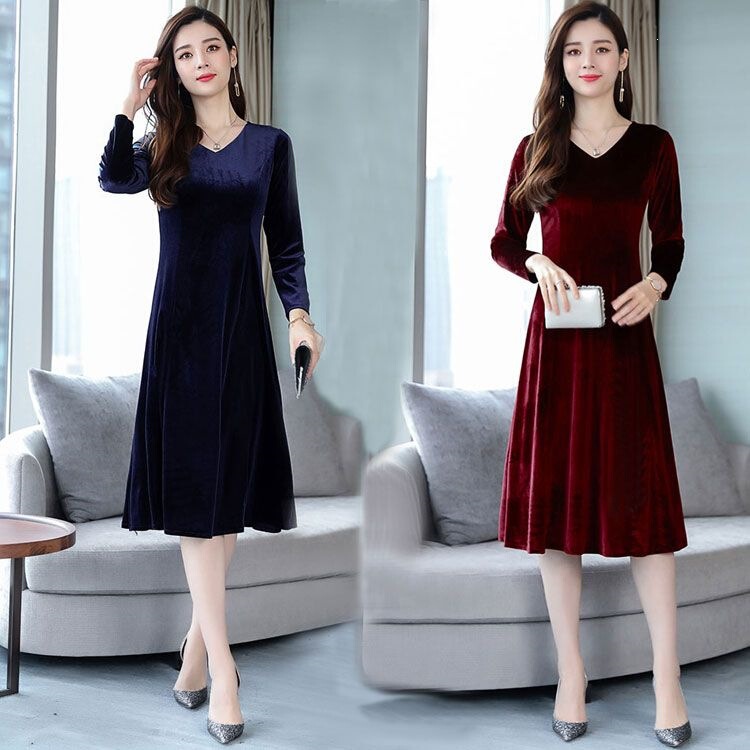 2026 New Women's Clothing Spring and Autumn Velvet Mid-Length Loose Tummy-Covering Plus-Size Dress for Middle-Aged and Elderly Mothers Autumn