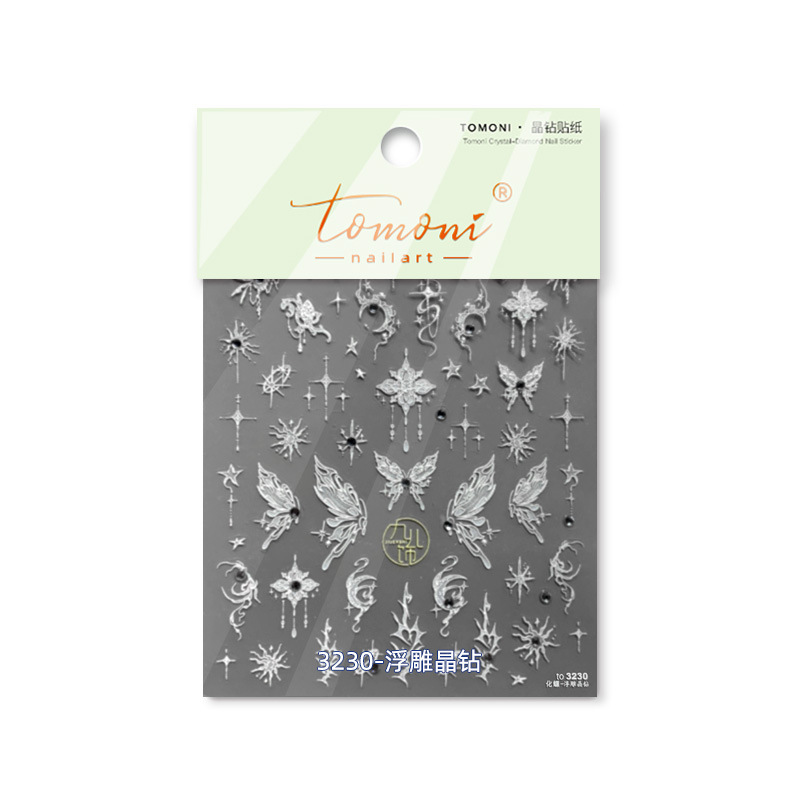 Tomoni pegatinas de manicura de diamantes de cristal, serpentina de moda, mariposa semitransparente, pegatinas para uñas de boda, concha de fábrica, mariposa fotodinámica