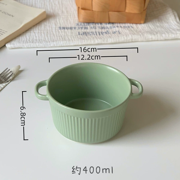 Milk Green-Large Striped Double-Eared Round Baking Bowl