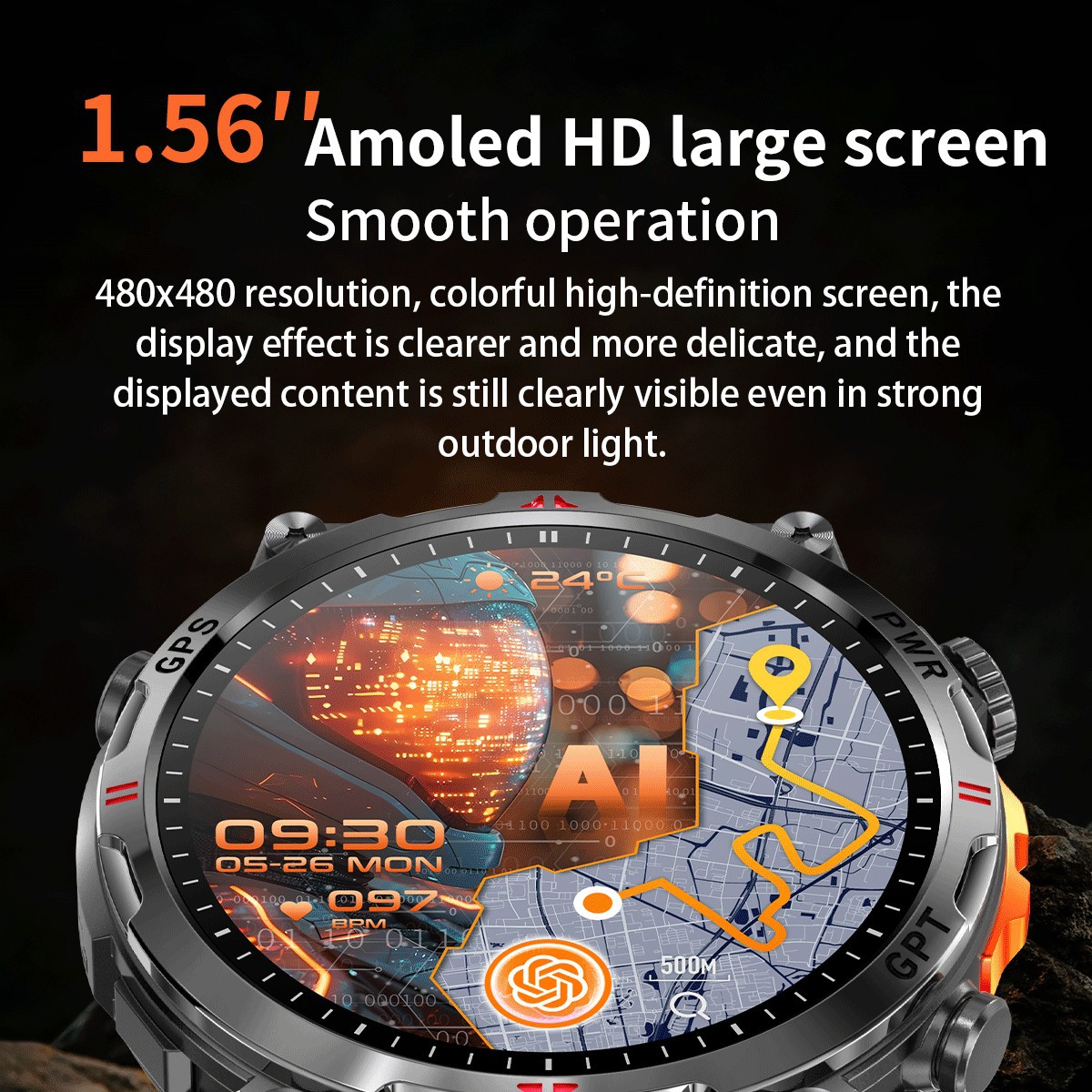 Smartwatch transfrontaliero KC93 con rilevamento della frequenza cardiaca, ossigenazione del sangue, bussola, impermeabile, chiamate Bluetooth e posizionamento GPS._voghion.com