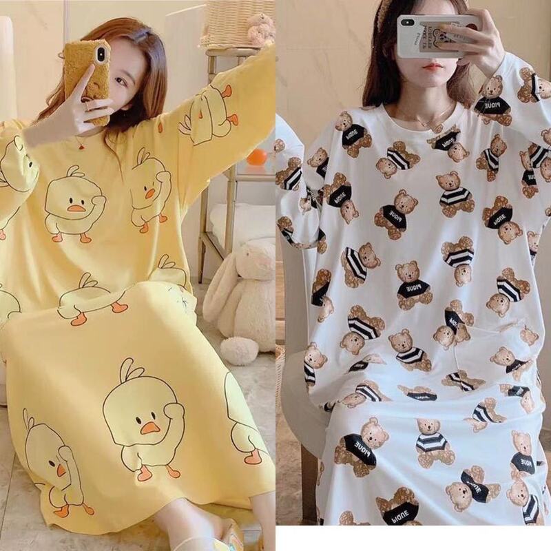 Spring, Autumn and Winter New Style Long-Sleeved Over-The-Knee Nightgown, Korean Style Large Size Loose Nightgown That Can Be Worn Outside, Pajamas, Women's Home Clothes
