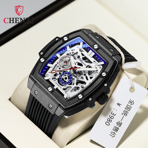 Dawn barrel square fully automatic mechanical watch high-end hollow transparent bottom silicone strap waterproof luminous men's watch