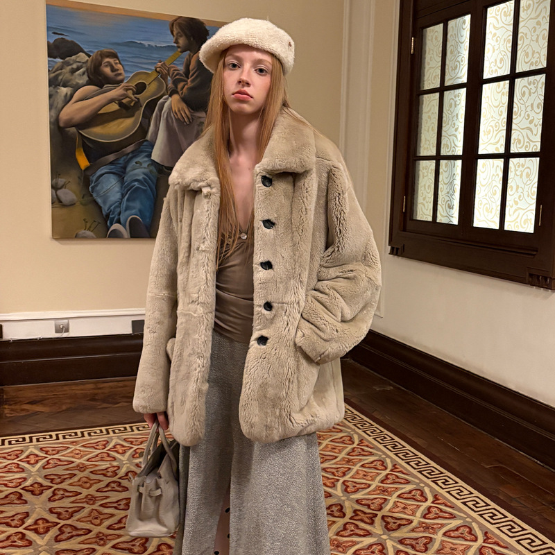 Bei Mi Guigui Qianjin Soft Rex Imported Rex Rabbit Fur Wide Version Fur Jacket Women's Mid-Length Winter Coat