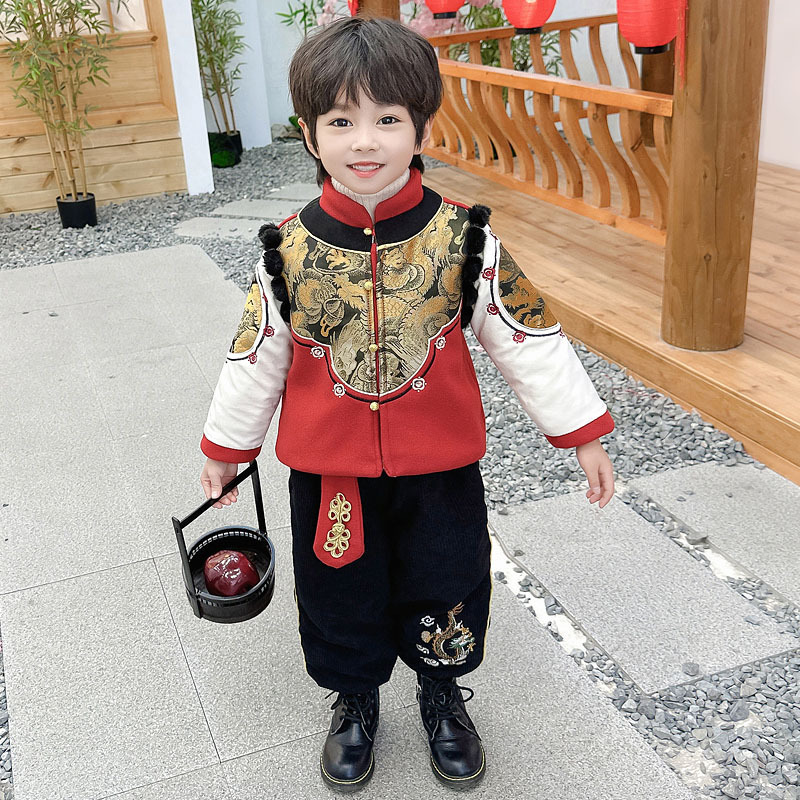 Winter Thick Set Traditional Chinese Style Children's Tangzhuang Two-Piece Set for New Year's Eve Baby Clothing Group Purchase Wholesale