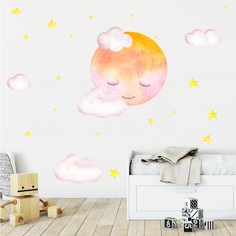 New Artistic Watercolor Moon Cloud Wall Sticker display picture 4