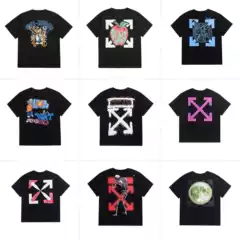 High quality OW embroidery moon color blocked arrow pattern round neck pullover short sleeved men's and women's plus size