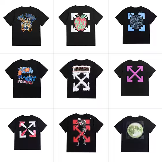 High quality OW embroidery moon color blocked arrow pattern round neck pullover short sleeved men's and women's plus size