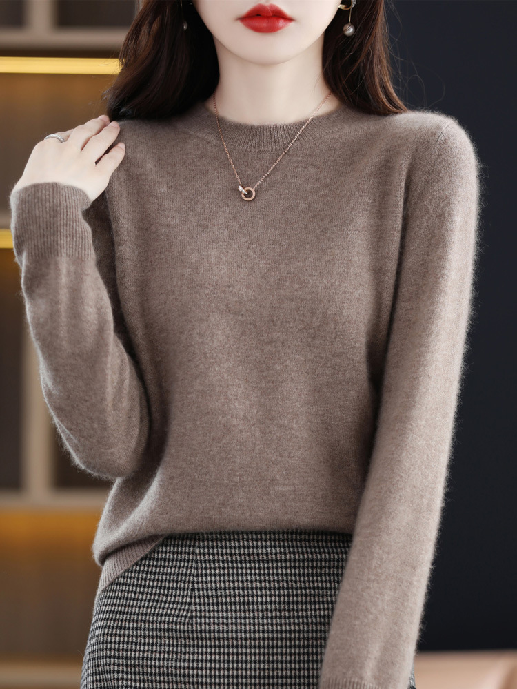 Nuevo otoño temprano cuello redondo 100 suéter de lana de las mujeres de moda simple flojo adelgazar punto manga larga que basa la camisa suéter de las mujeres