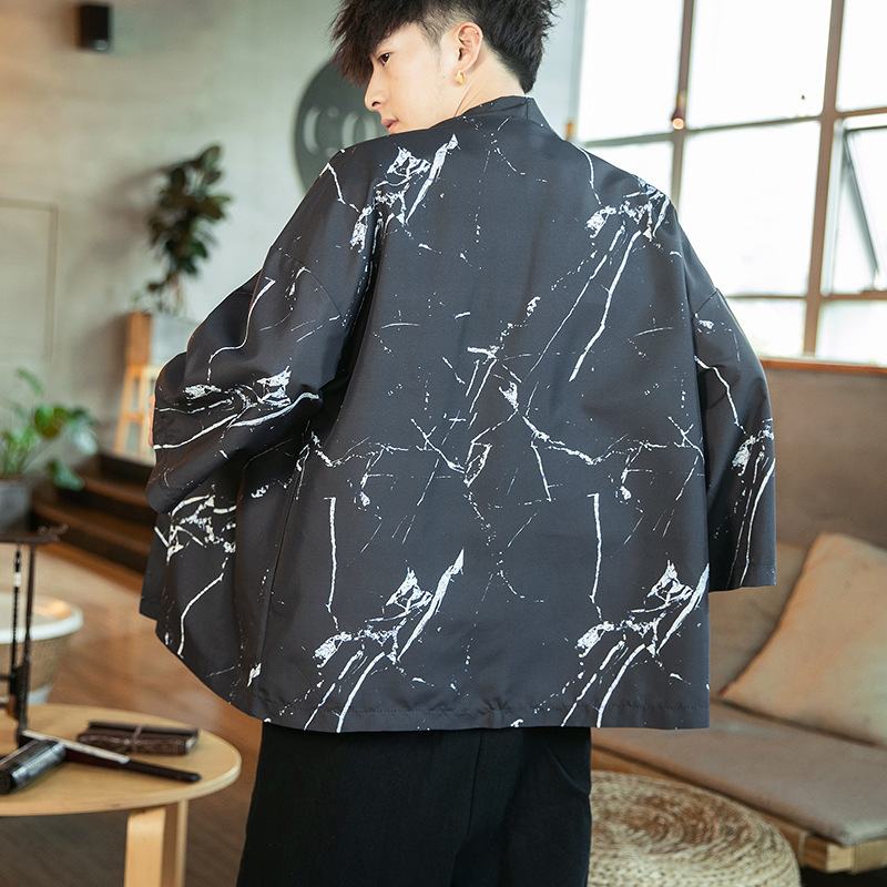 Summer 2023 Chinese style three-quarter sleeve Hanfu cardigan men's plus size loose printed robe kimono sun protection jacket