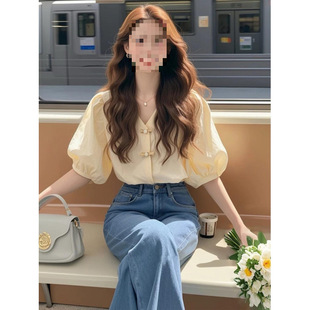 K4Hs-Xxl New Chinese Style Short-Sleeved Shirt for Women in Summer, Accessible Luxury, High-End, Gentle Elegant, French Puff Sleeves and Buttons