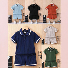 2025新款童套装中性风男童女童夏季POLO领翻领短袖条纹短裤设计感