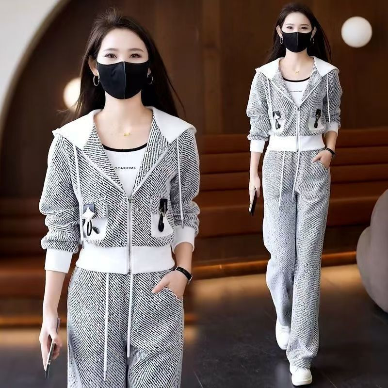 Casual Sports Suit New Fashionable Women's 2026 Spring & Fall Style Slim Hooded Cardigan Wide-Leg Pants Two-Piece Set Trendy