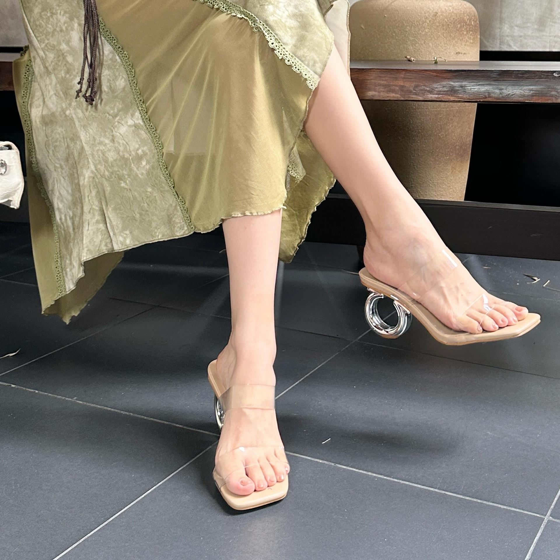 欧美外贸透明一字带高跟鞋圆跟凉鞋仙女风女拖鞋外穿水晶跟时装鞋