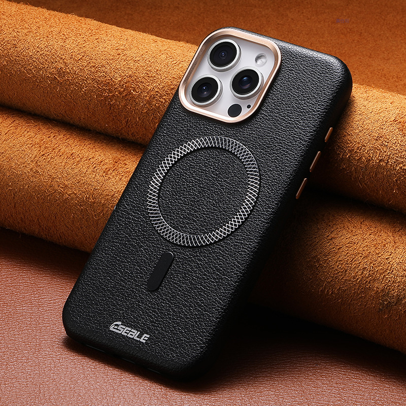 Ốp lưng iPhone chống rơi da mạ điện từ tính kiểu đá bảo vệ toàn diện — đen, màu nâu, màu xám, màu cam chi tiết 5