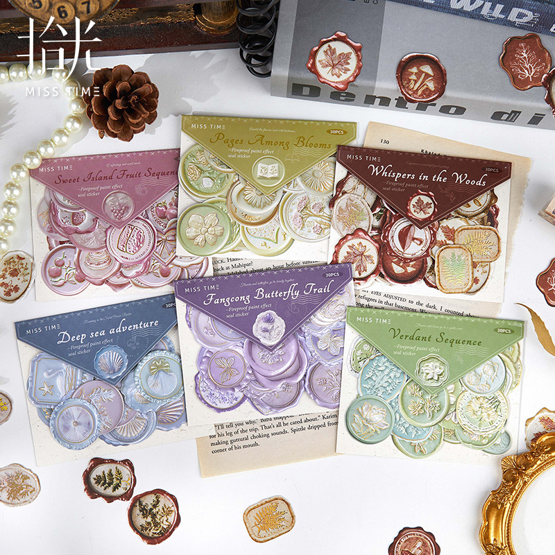 Time Capsule Wax Seal Stamp Theme Series Sticker Pack Retro Theme Journal Material Collage Decoration 6 Styles