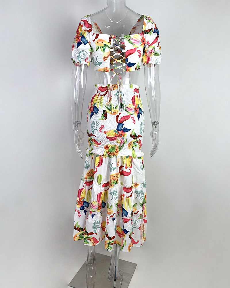 2026 New Spring Women's Clothing, Cross-Border European And American Fashion Outfit, INS Style Printed Slit Skirt Set_ecoleips.com