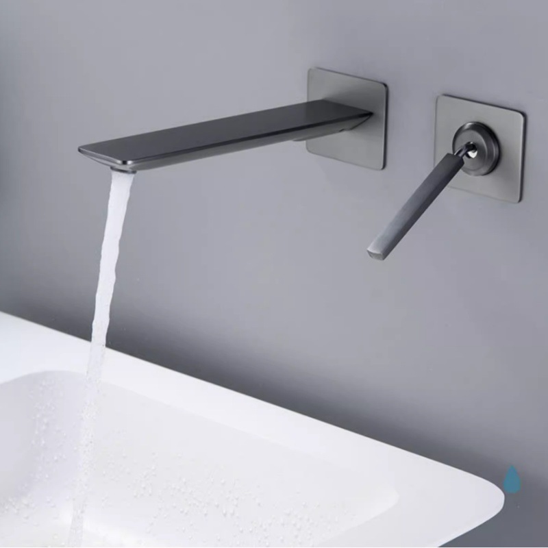 Cross-Border All-Copper Gun Gray Wall-Mounted Faucet Bathroom Countertop Basin Concealed Faucet Hot and Cold Hidden Bathroom Wash Basin