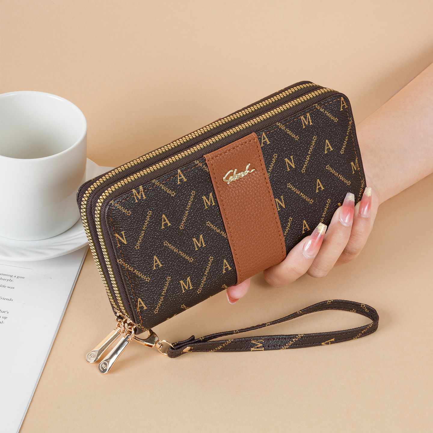 Cartera de Mano de Doble Capa de Cuero PU Multitarjetero Cierre de Cremallera para Uso Diario