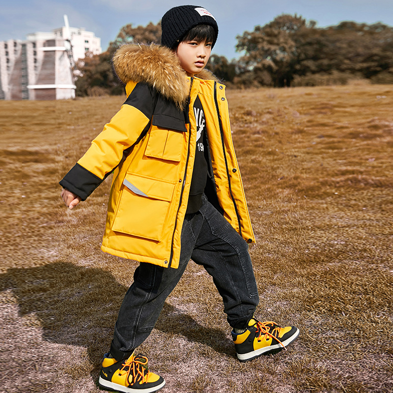 2023新款兒童羽絨服男童中長款毛領工裝洋氣加厚中大童外套童裝