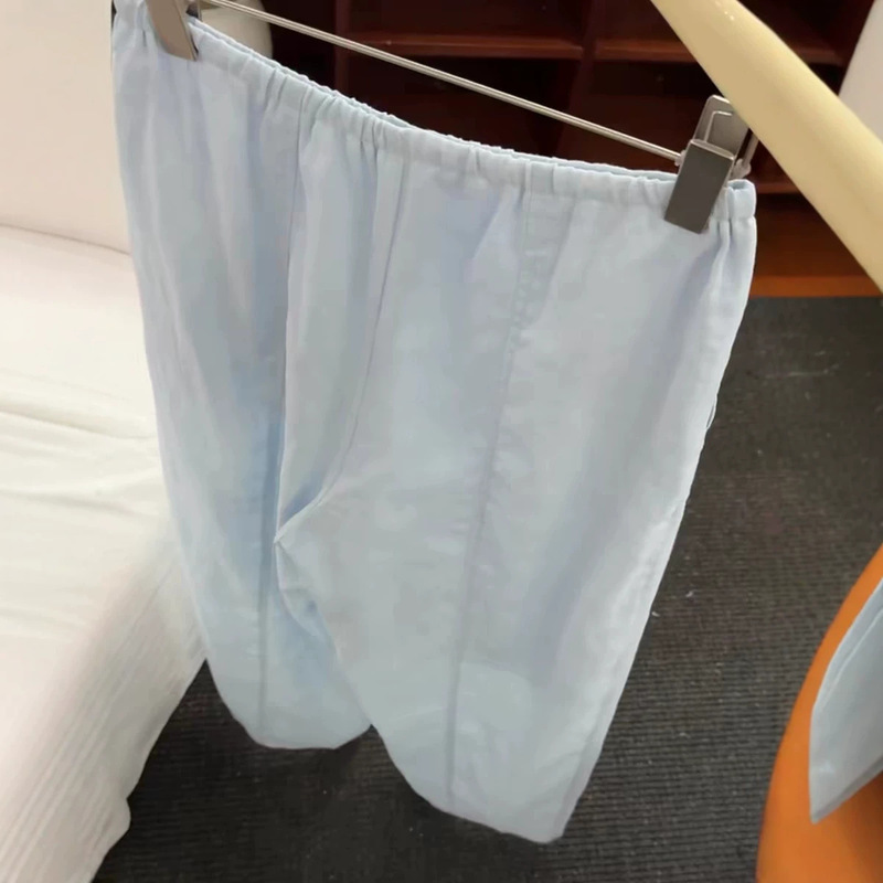 Highly recommended! Light blue linen pants for women, summer 2026 new model, slim waist with drawstring, slimming and drapey casual pants