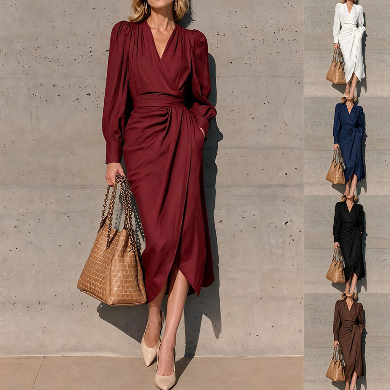 2026 Autumn European and American Style V-neck Wrap Dress for Women, Multi-color Long Sleeve Waist-Tied Bow Long Dress 2026 Autumn European and American Style V-neck Wrap Dress for Women, Multi-color Long Sleeve Waist-Tied Bow Long Dress