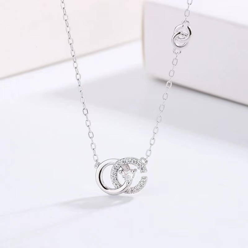 Elegant Double Ring Sterling Silver Zircon Pendant Necklace In Bulk display picture 1