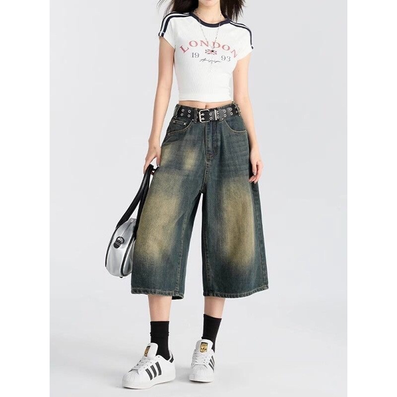 Cross-border e-commerce: 2026 summer new collection of wide-leg, cropped denim pants for women, featuring a vintage wash and distressed finish, in a straight-leg style Cross-border e-commerce: 2026 summer new collection of wide-leg, cropped denim pants for women, featuring a vintage wash and distressed finish, in a straight-leg style