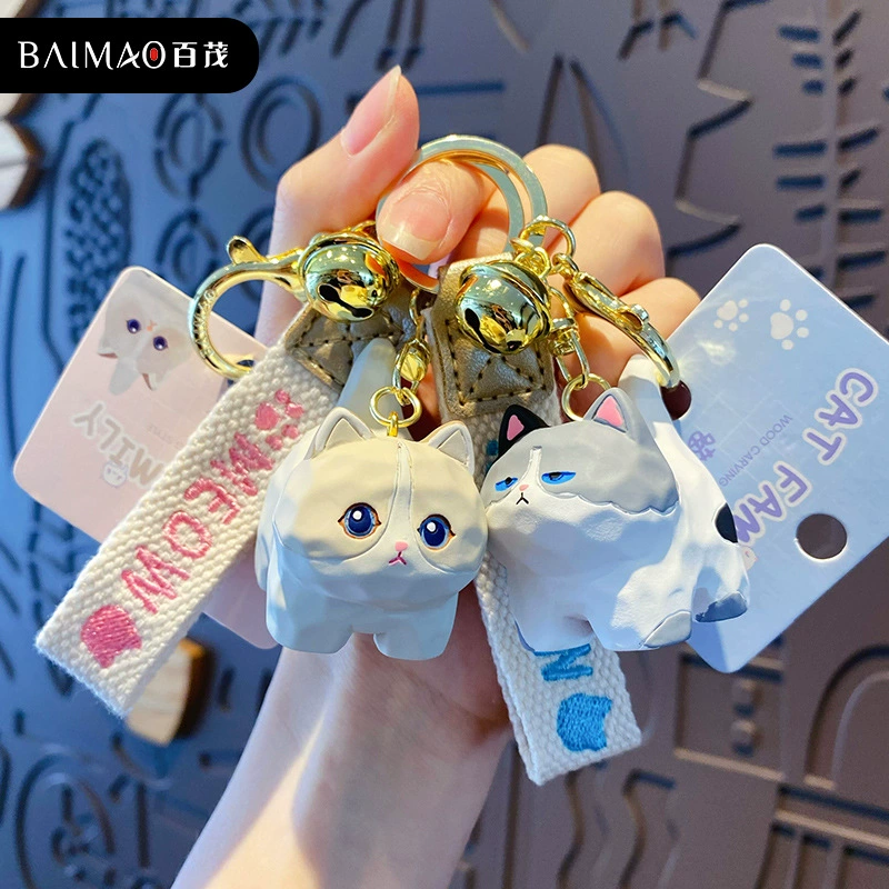 Милый брелок для ключей в виде resin-кошки из дерева, подвеска для сумки с колокольчиком и упаковкой OPP, 5 моделей
