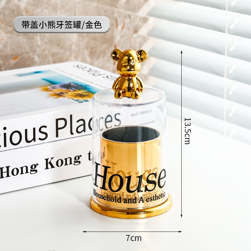Caja de palillo de dientes de lujo ligero hogar de gama alta personalizado oso creativo titular de palillo de dientes caja de seda avanzada caja de almacenamiento de hisopo de algodón comercial