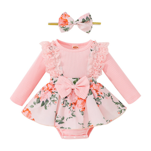Baoxin cross-border children's clothing wholesale baby girl autumn new lace cotton pit strip stitching flower all-print one-piece harem