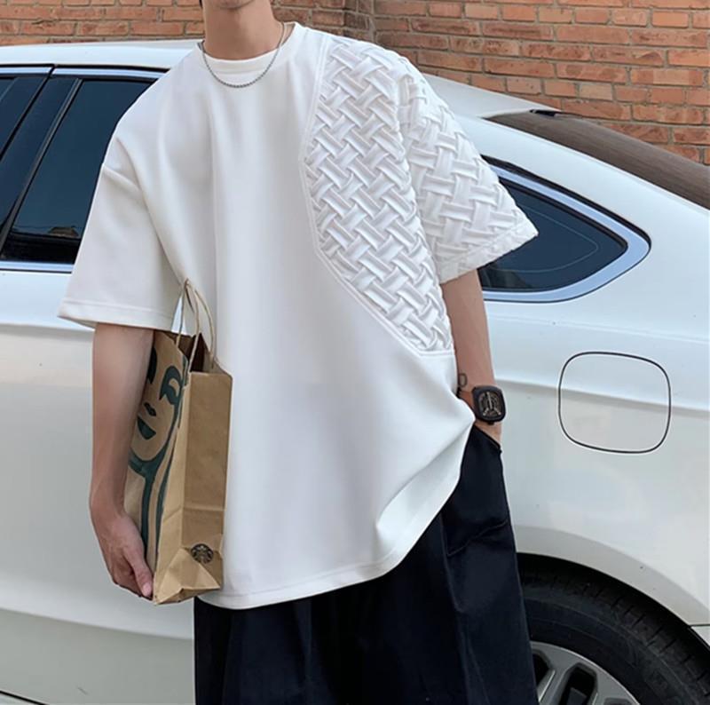 设计感小众短袖T恤男夏季薄款高级感拼接立体格宽松半袖体恤衫潮