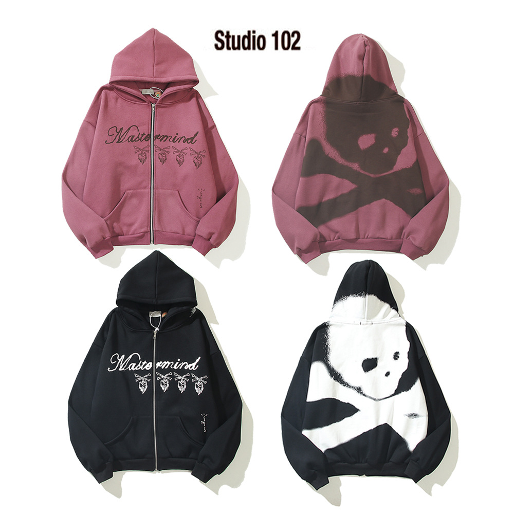Design Letter Print Skull Burgundy Pullover Zip Jacket Sweatshirt
