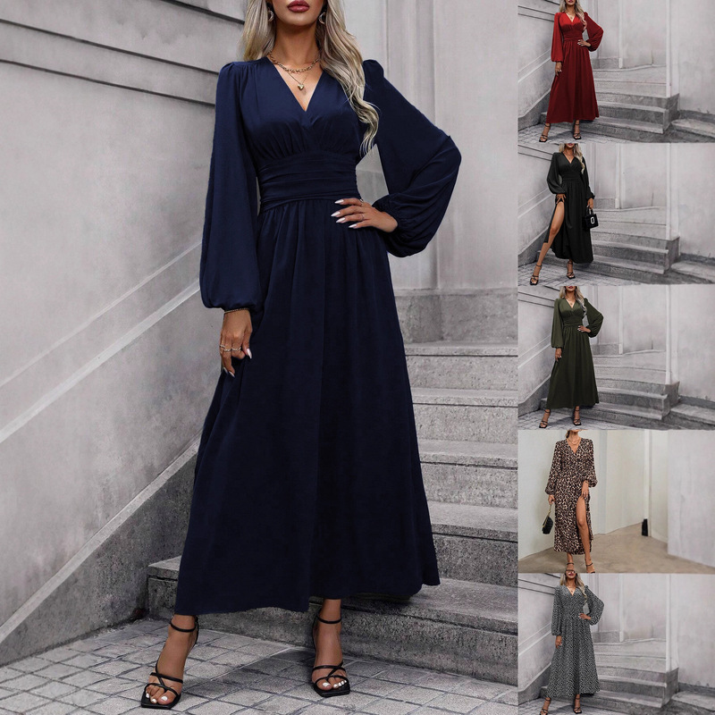 October 2025 New Autumn and Winter New Women's Lantern Sleeve High Slit Dress