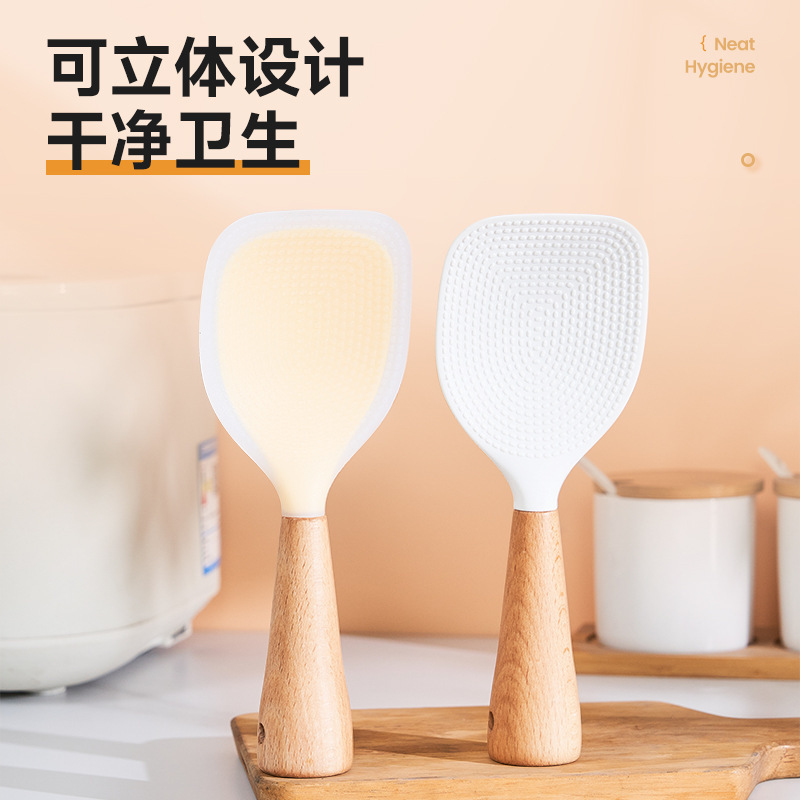 Cuchara de arroz de silicona con mango de madera, olla de arroz no pegajosa, cuchara de arroz, pala de arroz, cuchara de arroz de silicona vertical