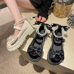 フランスのメリージェーンの靴の女性の 2025 秋の新ファッションパールリボンシングルシューズ厚底厚いヒールファッションシューズ