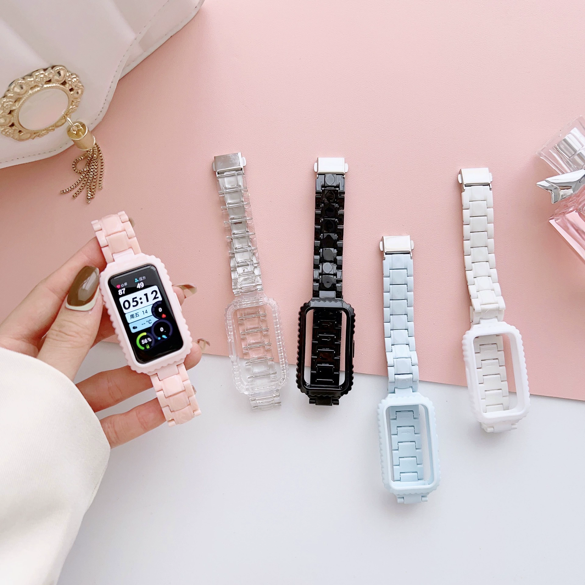 Подходит для ремешка Huawei браслета 10 Honor band 7 прозрачный PC трёхсбойный имитационный керамический смолый ремешок 9-го поколения