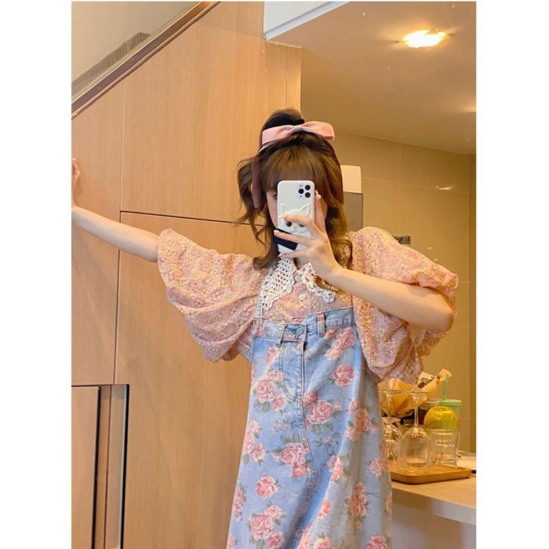 (2개) 긴 꽃 원피스 빈티지 데님 스트랩 원피스 여름 202 디자인 꽉 허리 슬리밍 중간 길이의 아이들