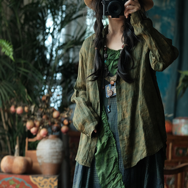 Little Mud Girl Original Design Women's Vintage Artistic Washed Ramie Loose Shirt 2040 Seven-leaf Jasmine