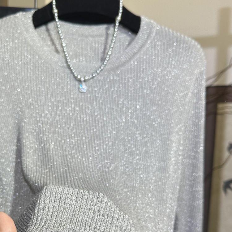 Basic round-neck Italian crystal yarn light luxury knit top, shiny and versatile, with tags, mesh style Basic round-neck Italian crystal yarn light luxury knit top, shiny and versatile, with tags, mesh style