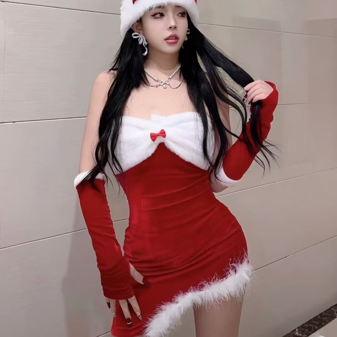Bunny Christmas Costume Set with Hooded Ears and Sleeves, Red Polyester One-Size — detail image 2