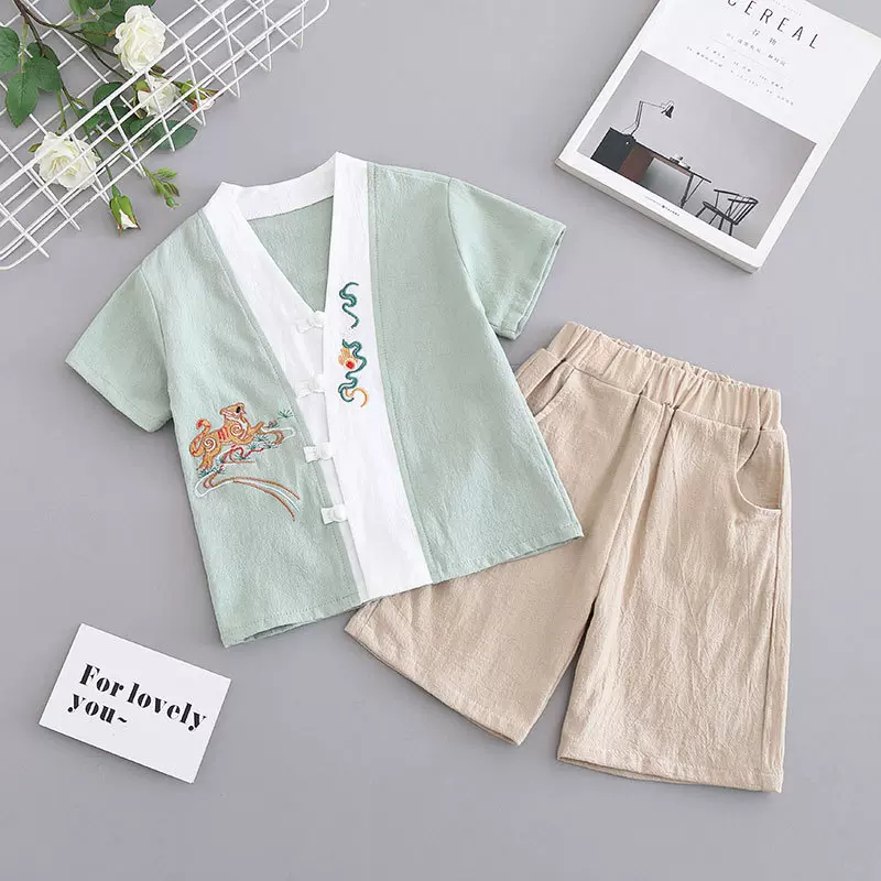 男童汉服夏季薄款中国风夏装儿童古装唐装男宝宝周岁礼服棉麻套装