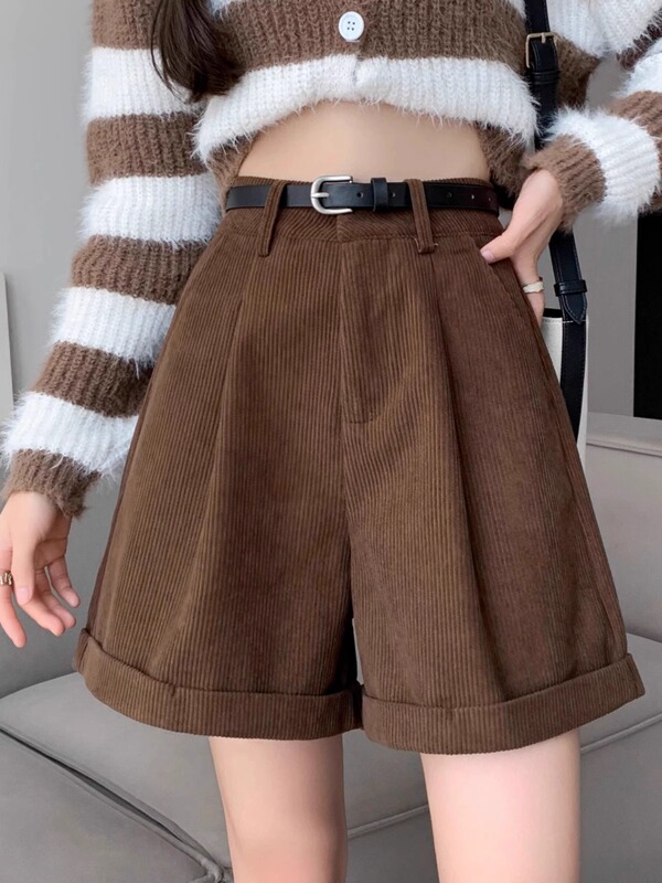 brown Corduroy Shorts Women's High Waist Slimming Wearing Wide Leg Boots Pants 2023 Autumn and Winter New A- Word Casual Pants