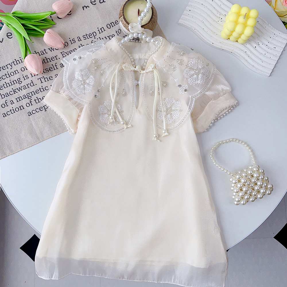 Cross-border independent station girl's dress for children with pearl collar, flower cloud shoulder cheongsam, new Chinese style summer dress for children