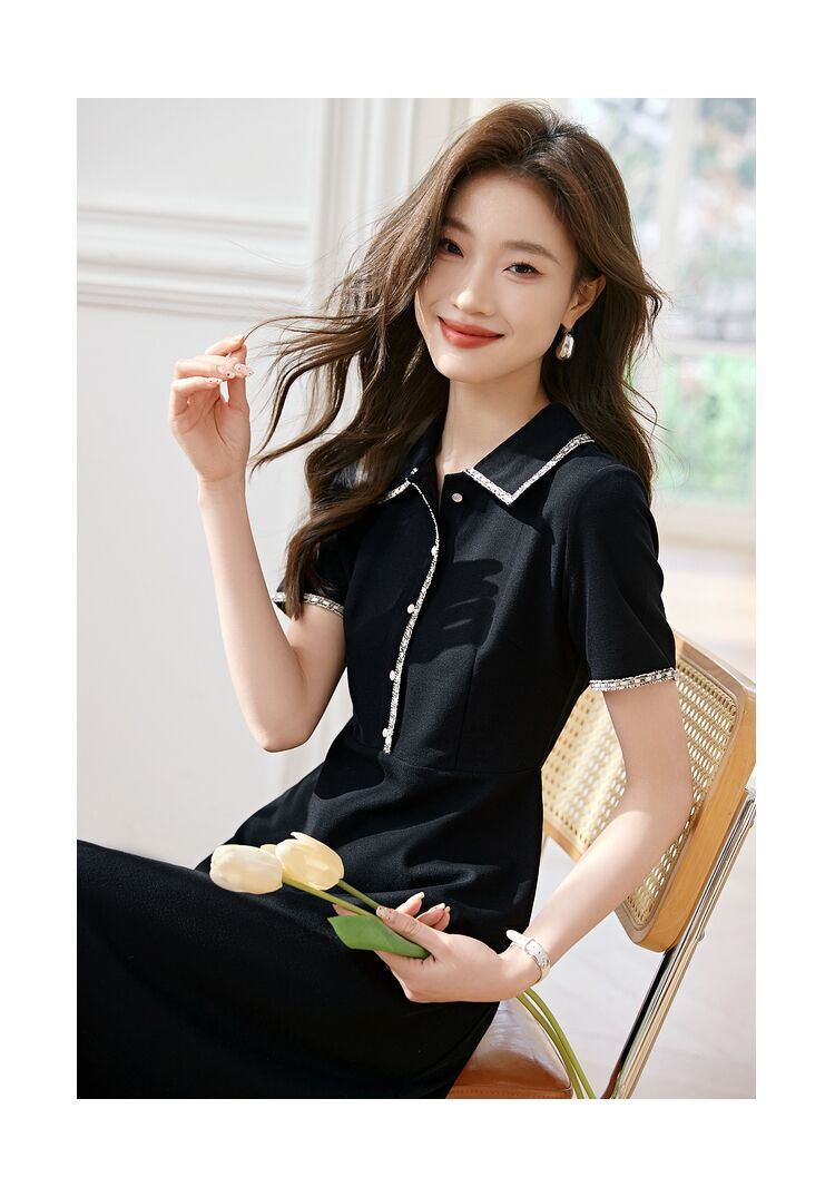 Váy đen dệt kim cổ POLO tay ngắn phong cách Chanel — đen chi tiết 2